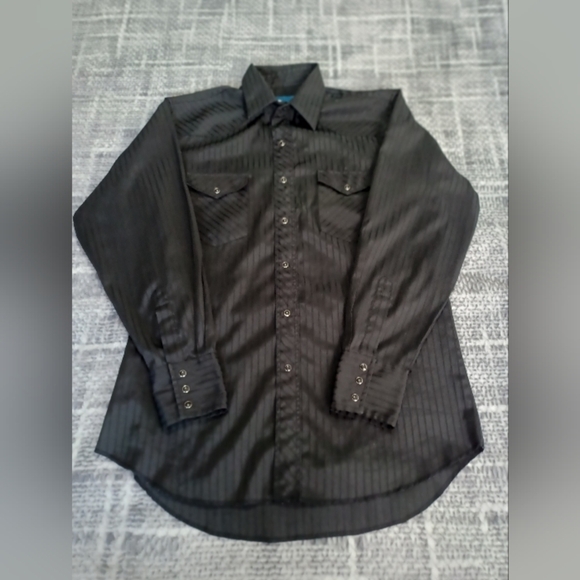Vintage Wrangler Western Pearl Snap Shirt Men’s L Black Vertical Striped Cowboy - Picture 3 of 9